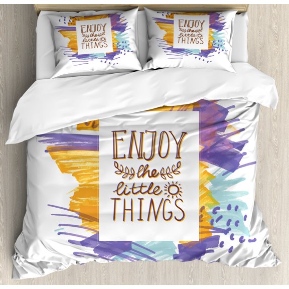 Saying Duvet Cover Set Queen Size, Modern Style Enjoy the Little Things Lettering, Decorative 3 Piece Bedding Set with 2 Pillow Shams, Blue Violet Marigold Pale Seafoam White, by Ambesonne