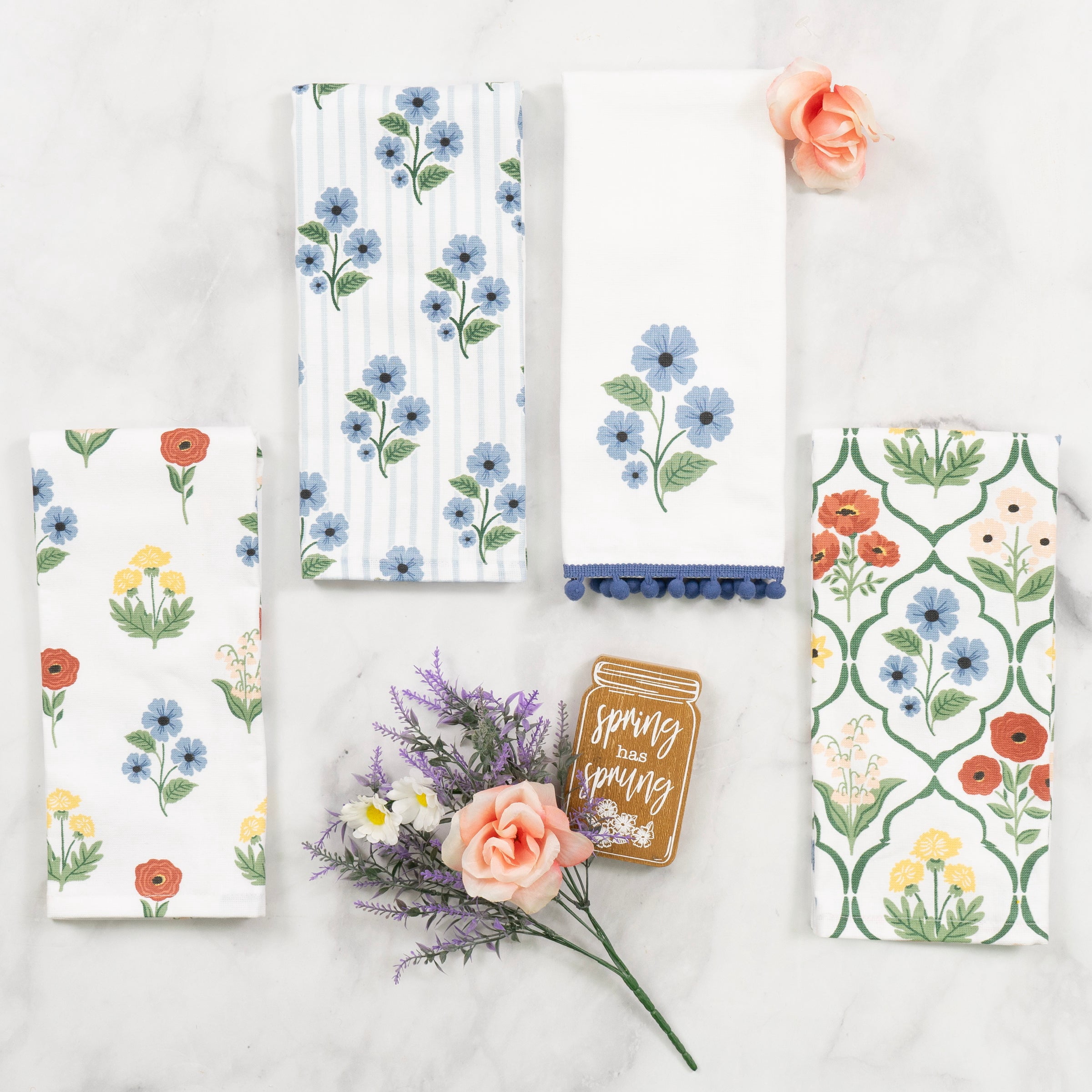 RITZ 100% Cotton Kitchen Towels, Blue Trellis Floral – Absorbent Dish Towels for Drying & Cleaning – Soft & Durable (Set of 4)