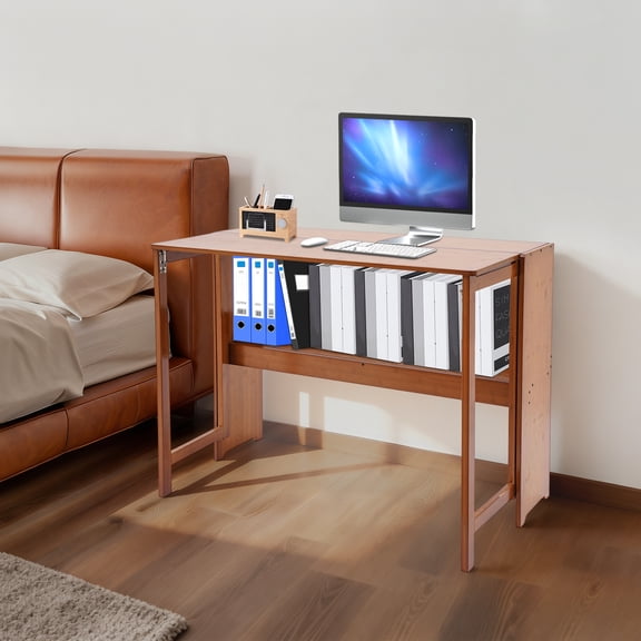 Bamboo Folding Desk for Small Space, 40.5"W x 29.9"H Computer Desk with Bookshelf, Multifunctional Rectangular Writing Table, for Home Office (Dark Brown)