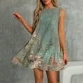 thumbnail image 4 of Womens Summer Dress with Pockets Floral Print Sleeveless Loose Crew Neck Tank Short Dress Pleated Swing Sundress (M, Army Green), 4 of 7