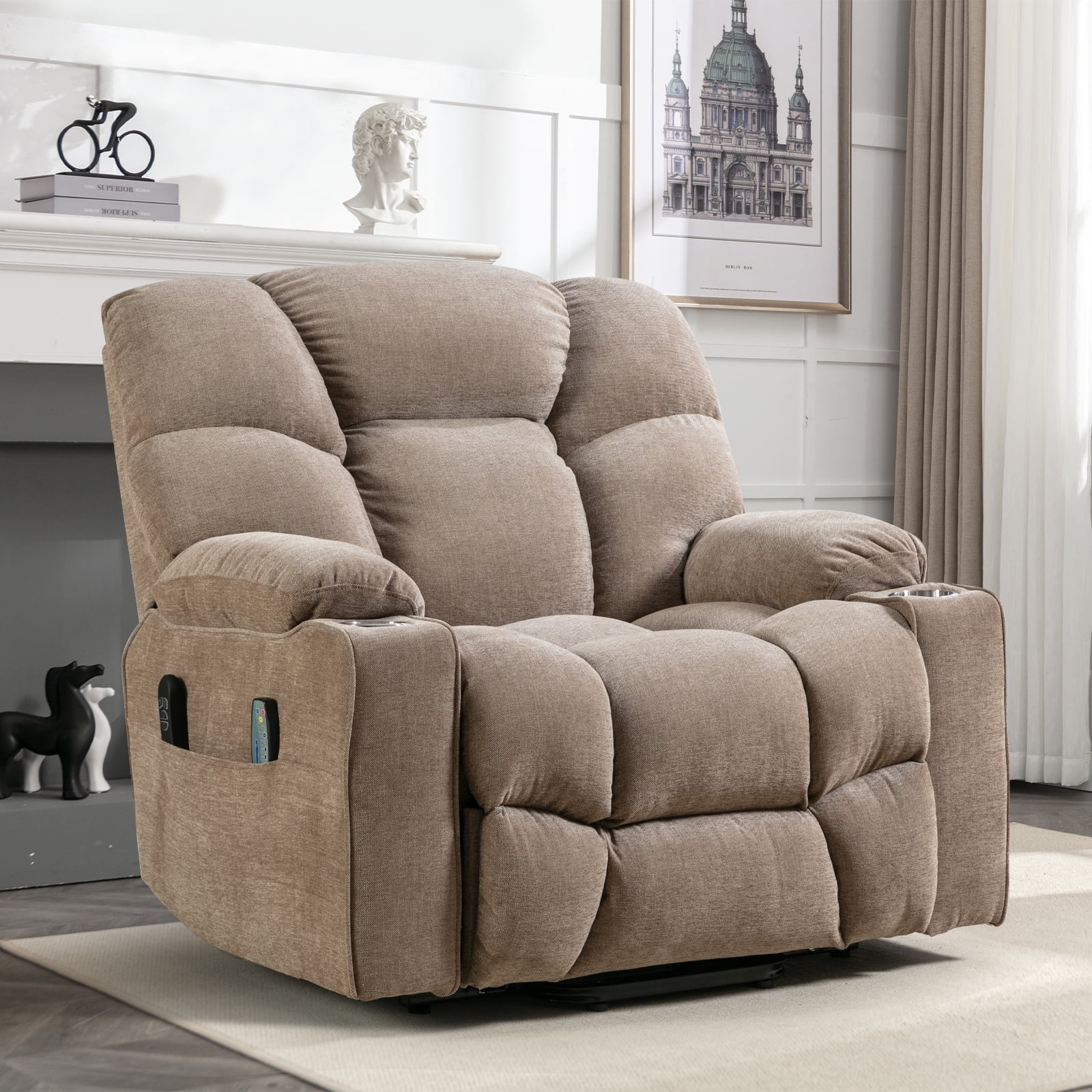 Bonzy Home Oversized Power Lift Recliner,Elderly Lift Chair with Heat Therapy and Massage Function,Remote Control,Side Pocket,Living Room Camel