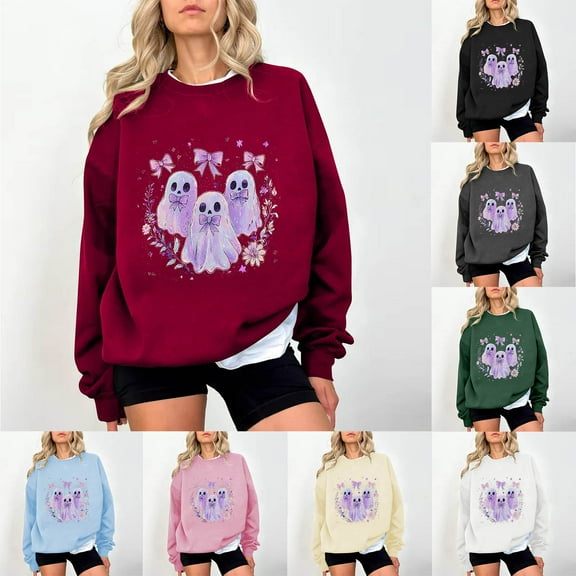HomeDM Halloween Sweatshirts Womens Long Sleeve Graphic Crewneck Pullover Tops - Red/L