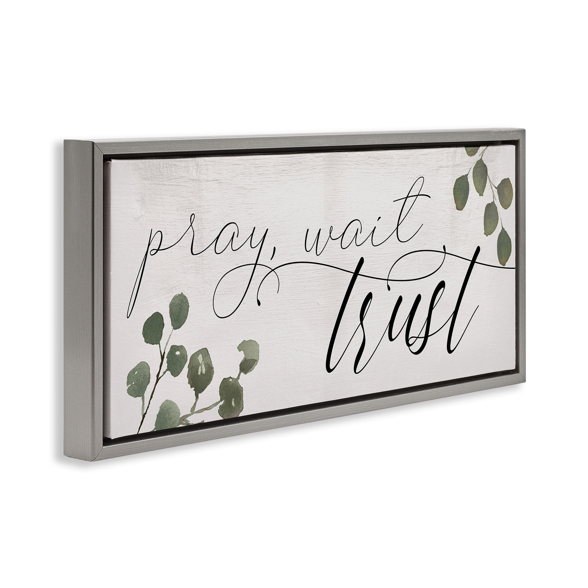 Stupell Industries Pray Wait Trust Phrase Religious Painting Gray Floater Framed Canvas Art Print Wall Art, 25 x 11