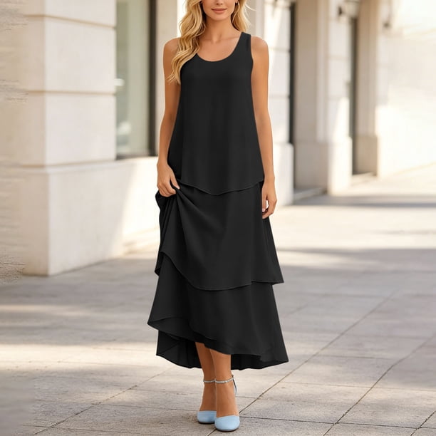 black layered ruffle dress FAKKDUK Women's Solid Color Sleeveless Tiered Chiffon Maxi Dress, Round Neck Dress, Elegant Flowy Casual for Formal Events Form Preservation Size:Adult Large swatch_tag_reyes-flats-lt-natural-woven-raffia Tiered maxi dress Historical Vintage Victorian Rococo