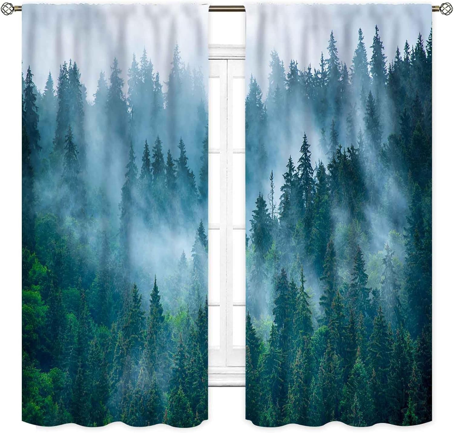 Forest Green Blackout Curtains, Misty Woodland Nature Green Pine Trees Branch Wildlife Landscape Forest Dark Green Scenery Window Drapes Treatment for Bedroom Living Room Kitchen 2 Panel, 52"x84" Inch