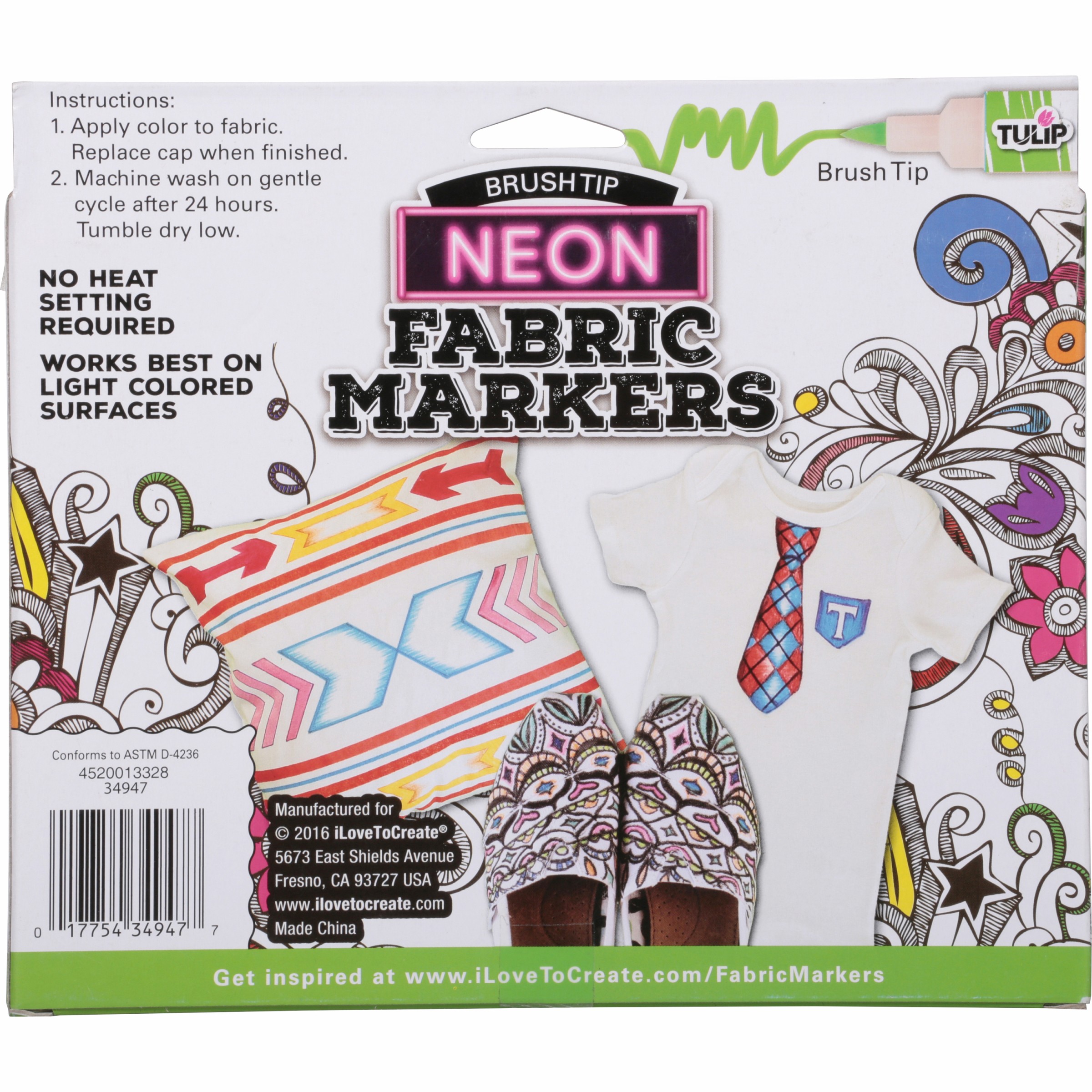Tulip Brush Tip Neon Fabric Markers, 10-Pack photo 2