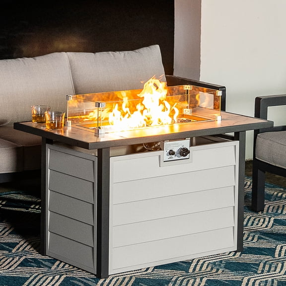 Nuu Garden Patio Metal 43'' Propane Fire Pit with Marble Texture Glass Tabletop, 50,000 BTU with Wind Guard Cover Glass Beads & Lid, CSA-Certified 2 in 1 Table Gatherings Parties, Ivory White