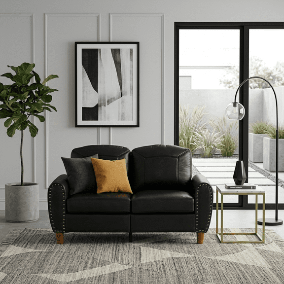 Mid-Century Modern Faux Leather Loveseat Sofa,59"W Classic Rolled Arm 2-Seater Sofa Couch with Brass Nailhead Trim & Solid Wood Legs,Apartment,Living Room Furniture,Black