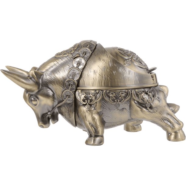Cenicero para fumar Cenicero de cerámica para el hogar Estatua de toro Contenedor de metal con tapa Soporte para cenicero de metal Contenedor de ceniza Animal Aleación de zinc 20 * 9 * 13 CM Bronce