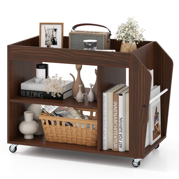 Functional Side End Table 3-Tier Bookshelf with Universal Wheels Rolling Nightstand Walnut
