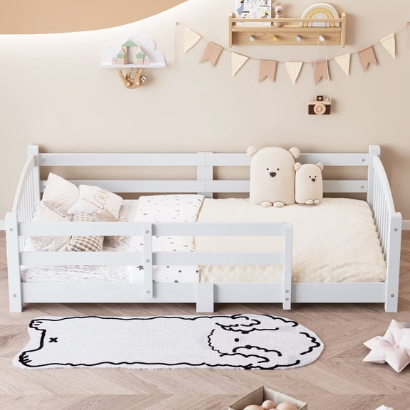Twin Montessori Floor Bed with Slats and Safety Guardrails, Solid Wood Floor Bed with Fence and Without Door, Easy Assemble Montessori Bed for Girls and Boys, White