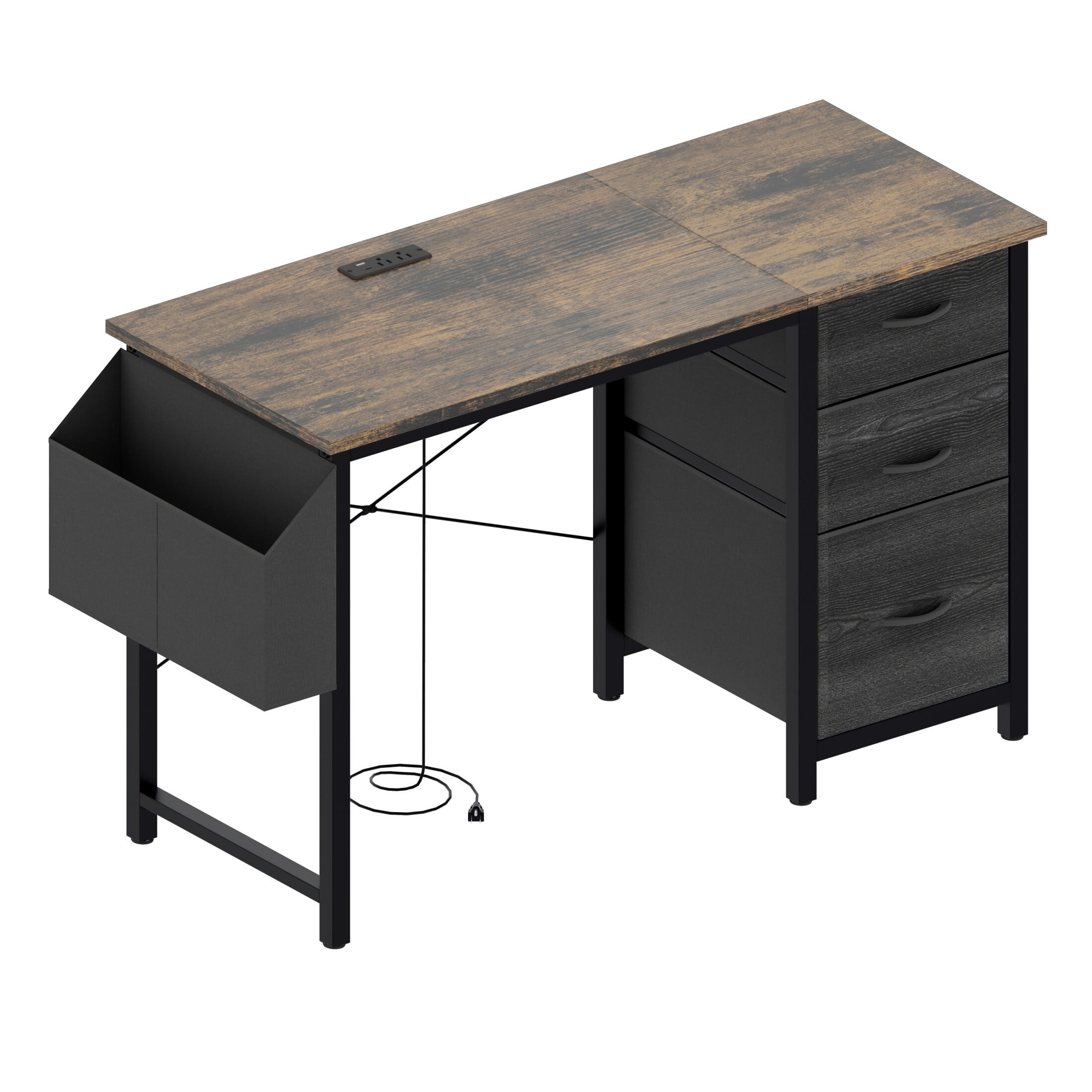 DEALTOPS Computer Desk with Power Outlets, Office desk with Reversible Fabric Drawers and Side Pocket, Rustic Brown