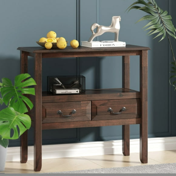 Brown Acacia Wood Console Table - Classic Design With Drawers And Display Shelf For Living Room Or Entryway Decor