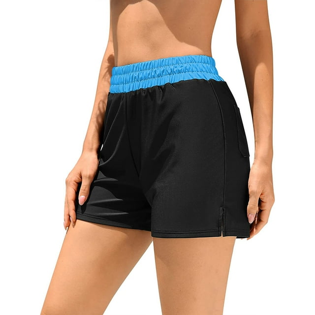 Charmo Womens Elastic Waist Swim Shorts High Waisted Tummy Control Swimming Shorts