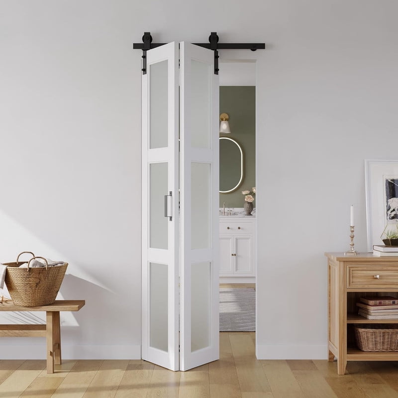 Easy4Home 28"x84" Bifold Barn Door Frosted Glass Design with Hardware and Track Kit
