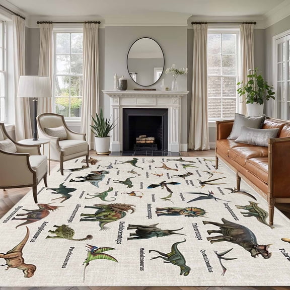Large Area Rugs for Living Room Bedroom, Dinosaurs 8'x10' Rug Washable Carpet Runner Indoor Outdoor, Natural Primitive Wild Animals Beige Non Slip Floor Mats Rug for Kitchen, Patio