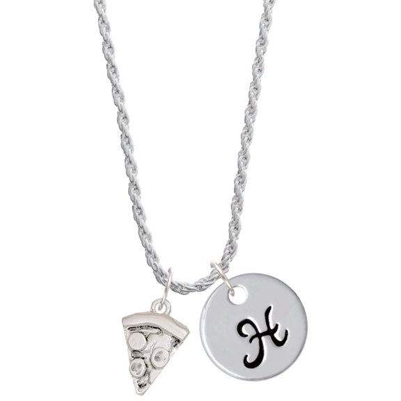 Delight Jewelry Silvertone Pizza Slice Silvertone Script Initial Disc - H - Charm Necklace, 20"+3"