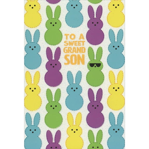 Pictura Green Bunny Wearing Sunglasses in Group of Yellow, Green, Blue and Purple Bunnies Juvenile Easter Card for Young Grandson