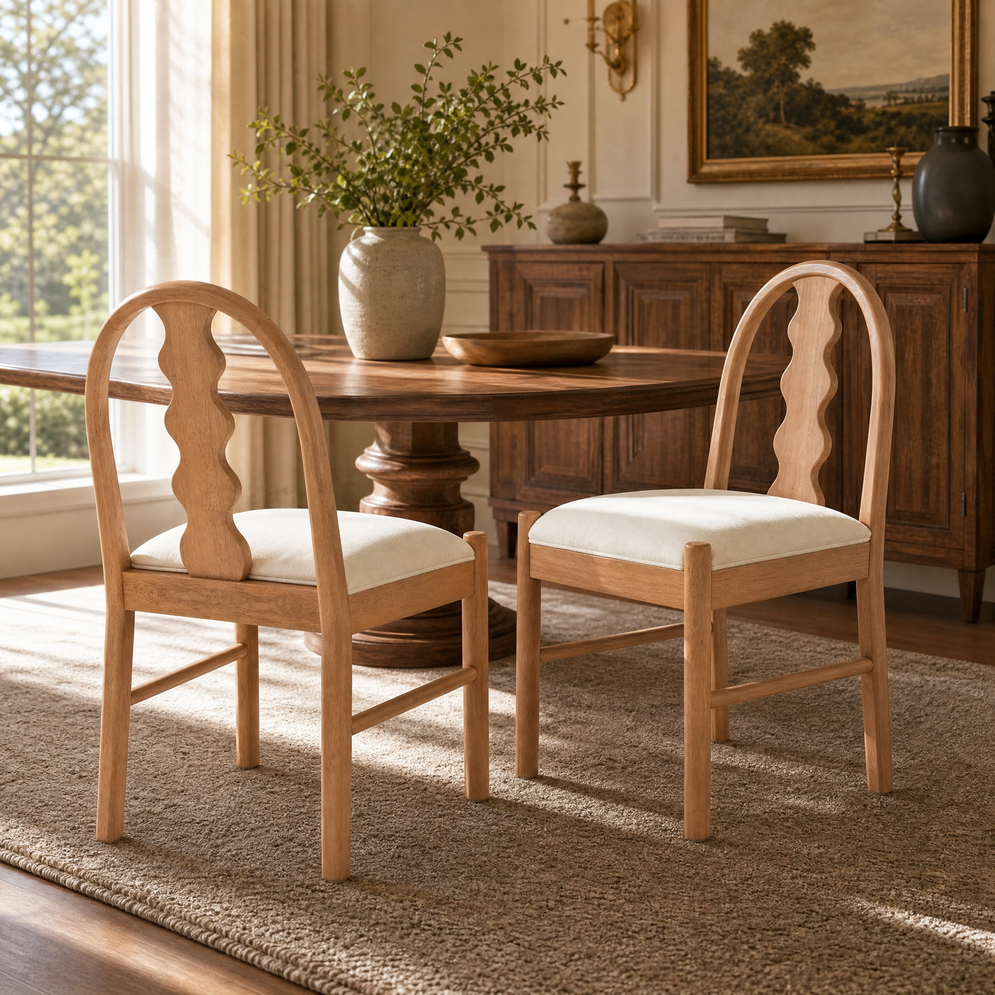 Rubber Wood Dining Chairs Set of 2, Curved Arch Wavy Back Kitchen Chairs with White Fabric Upholstered Seat Cushion, Farmhouse Wooden Side Dining Chairs for Home Kitchen,Natural
