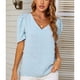 thumbnail image 2 of Top de jacquard con mangas abullonadas y escote en V en azul cielo, camiseta informal de corte holgado - Talla M Summer Chic, 2 of 8