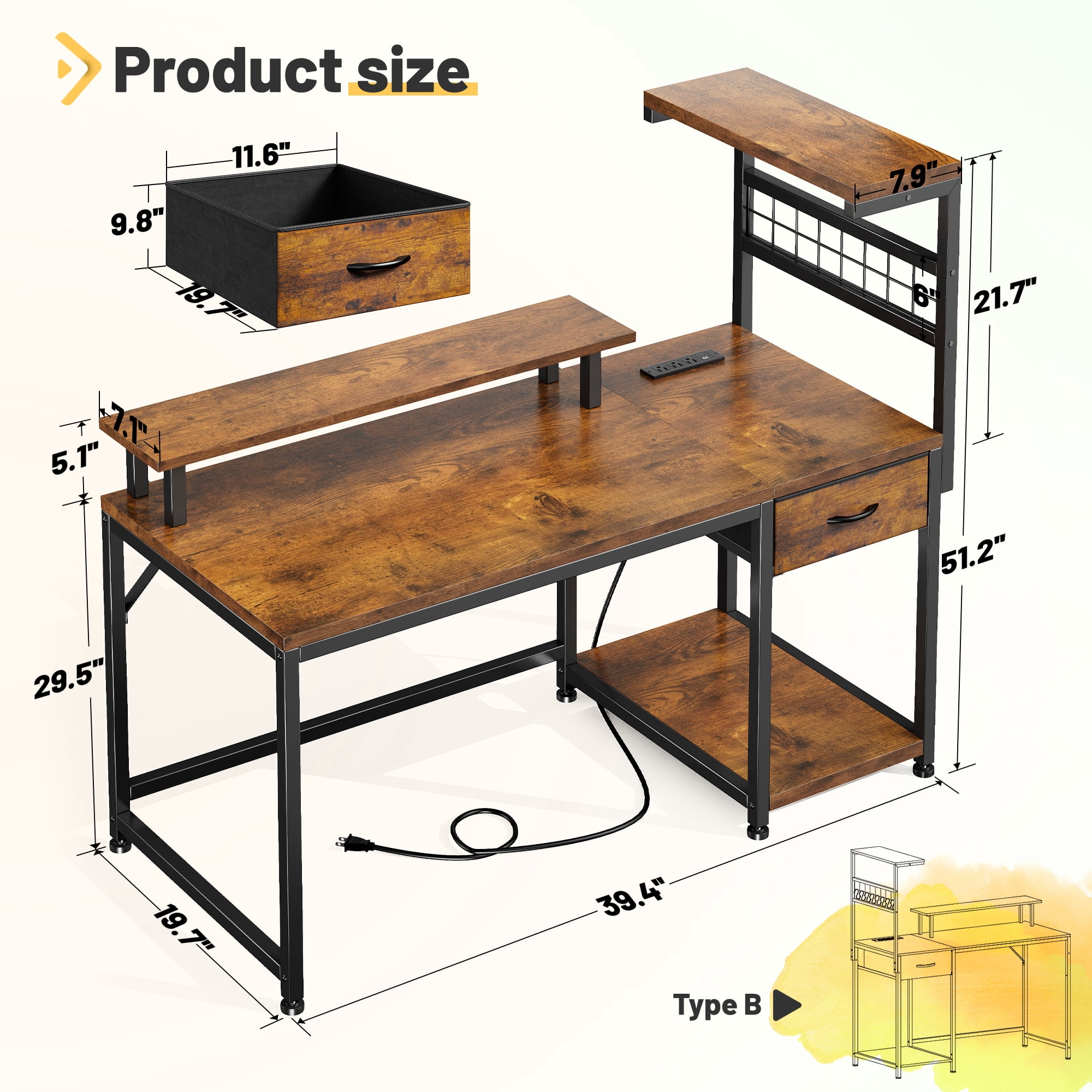 EnHomee 39.4" W Computer Desk with Power Outlets and LED Lights, Rustic Brown Gaming Desk with Drawers, Home Office Desk with Monitor Stand