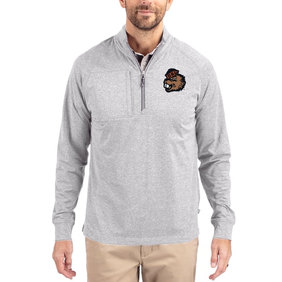 Women's-Cutter & Buck Heather Gray Oregon State Beavers Adapt Eco Knit Stretch Recycled DryTec Raglan Quarter-Zip