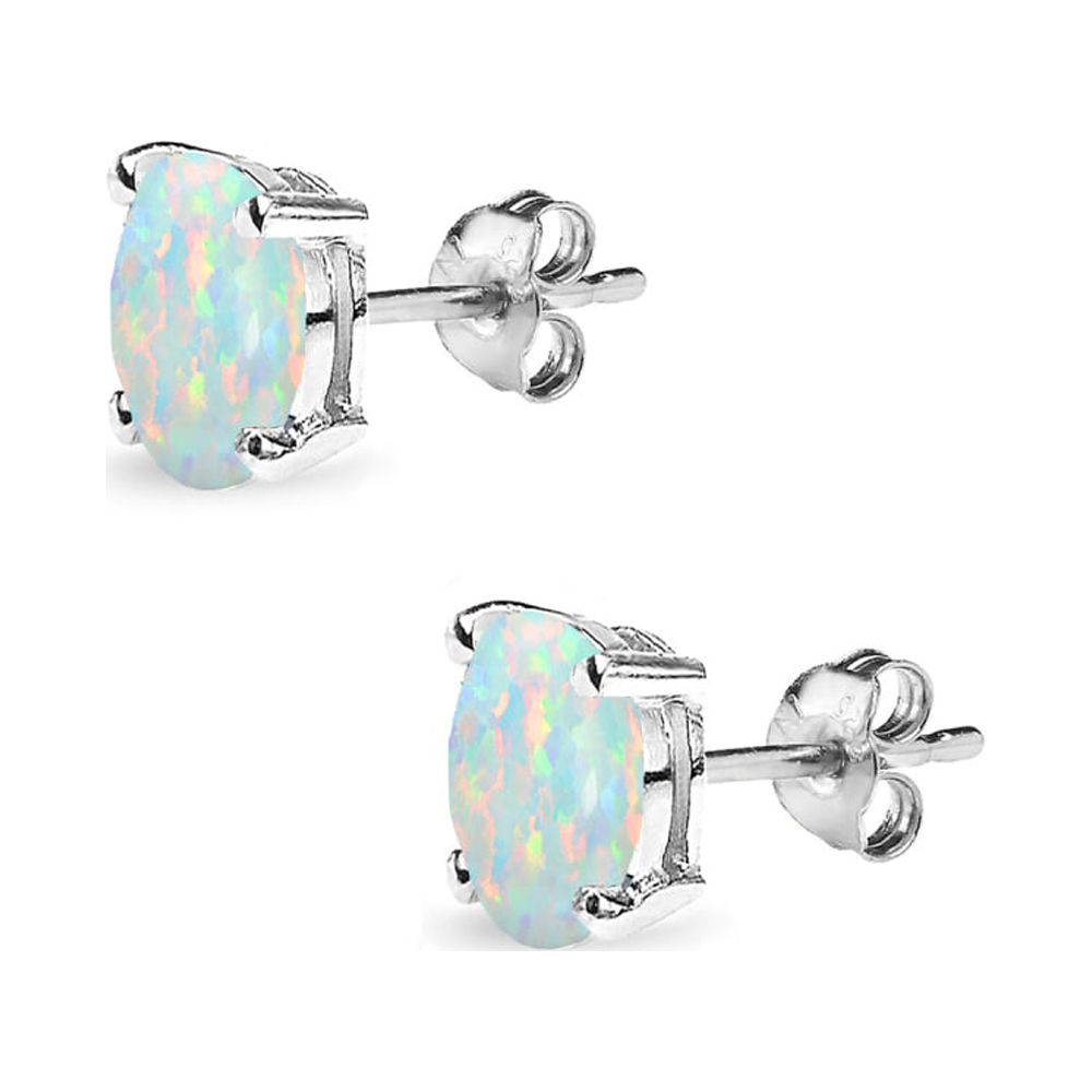 Simulated White Opal 6x4mm Oval-Cut Solitaire Sterling Silver Stud Earrings