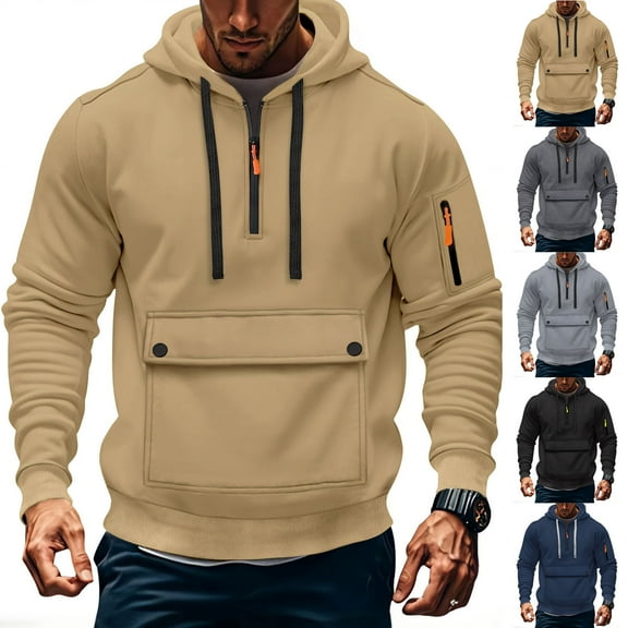 Wiicoznt Zip Up Hoodie for Men Loose Fit Light Weight Quarter Zip Long Sleeves Workout Sweatshirts with Multi Pockets Warm Casual Comfortable Jackets for Holiday