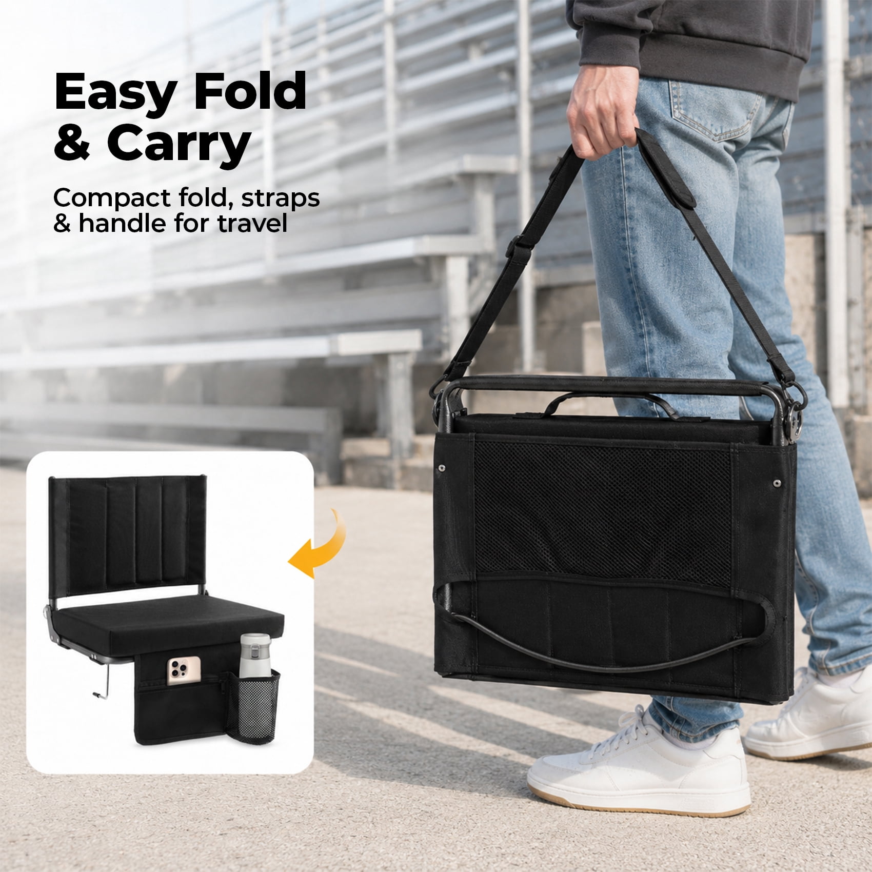 Alvantor Stadium Seat for Bleachers with Back Support, Portable Bleacher Seat with Wide Comfy Padded Cushion, Metal Hook, Folding Stadium Chair with Shoulder Strap, Carry Handle, Cup Holder