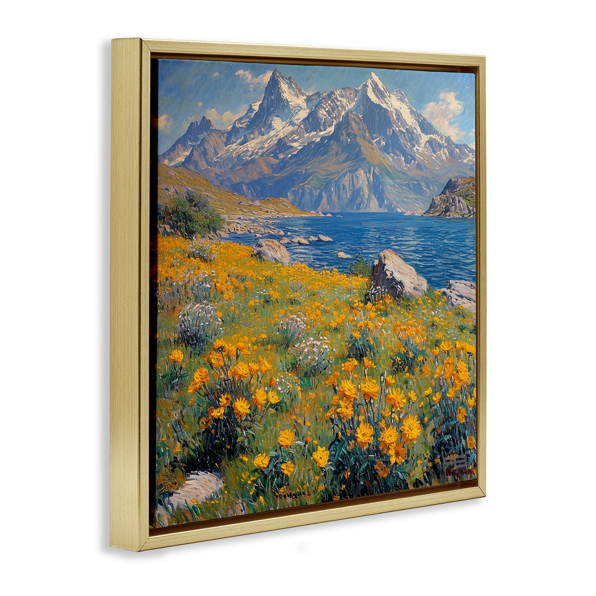 Stupell Industries Mountain Daisy Meadow Landscape & Nature Painting Gold Floater Framed Canvas Art Print Wall Art, 25 x 25