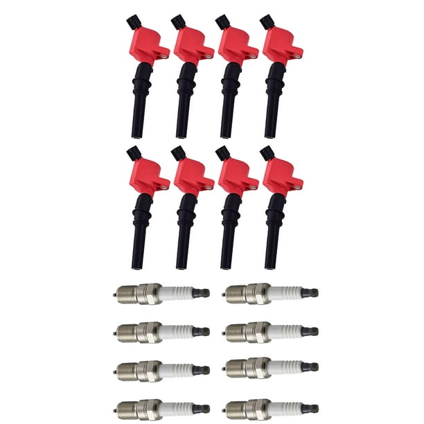 Set of 8 ISA Brand Red Color Ignition Coils and ISA Brand Spark Plugs Compatible with 2000 Ford