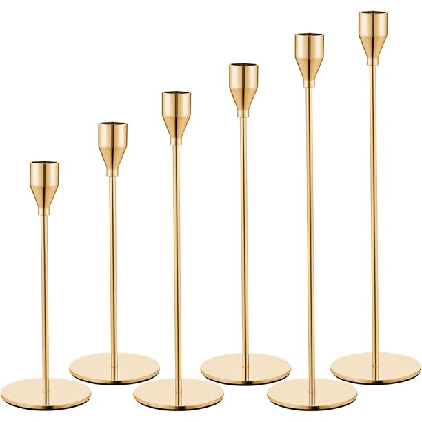 Juego de 6 portavelas dorados para velas cónicas, candelabros decorativos de metal dorado para bodas, cenas, fiestas, decoración del hogar, se adapta a velas de 3/4 pulgadas de grosor y velas