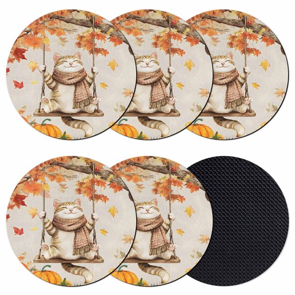 Fall Cat Coasters Set of 6, Absorbent Coasters for Drinks, Orange Maple Leaf Pumpkins Thanksgiving Coaster for Desk Coffee Table Protection, Home Decor House Warming Gifts 4"