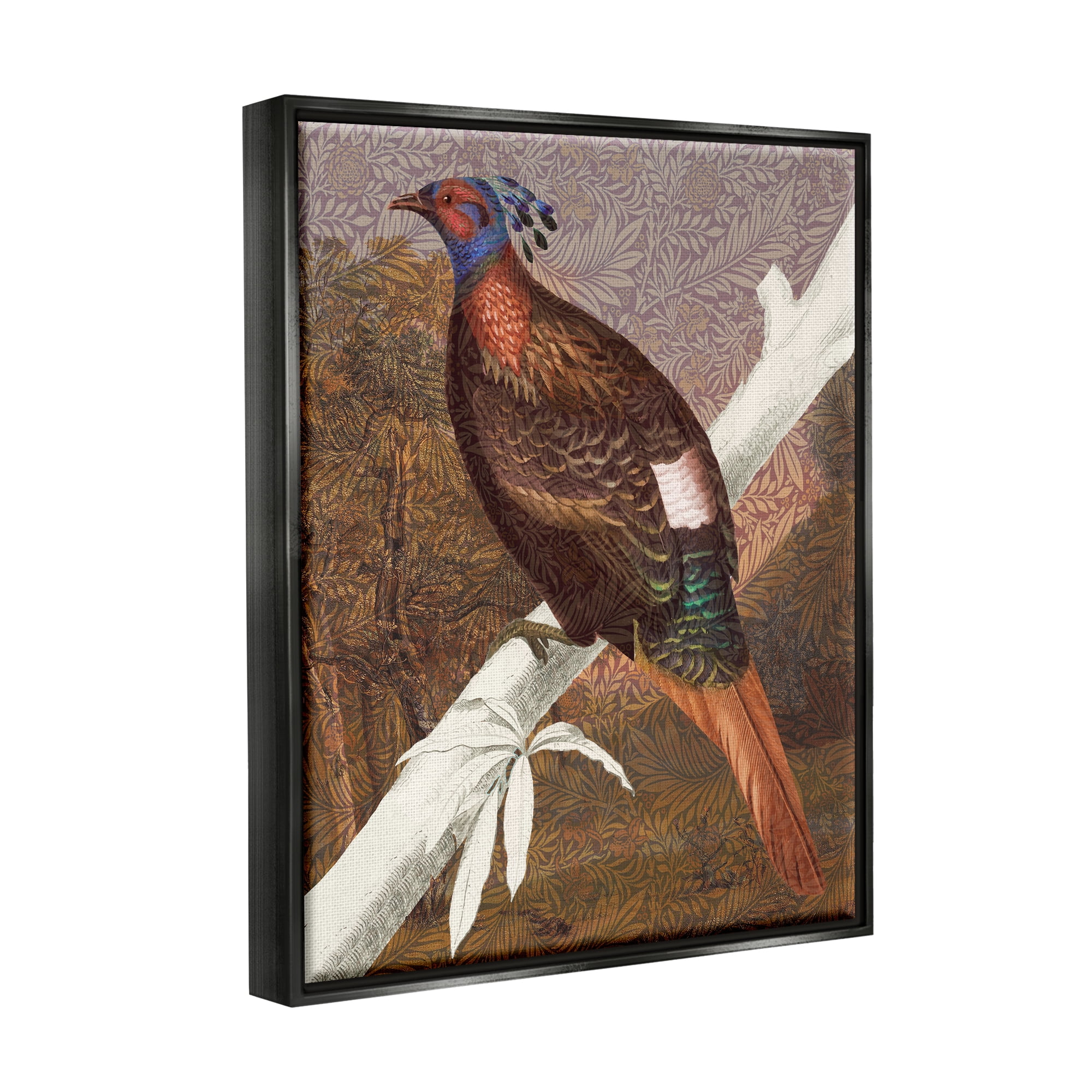 Stupell Industries Floral Patterned Pheasant Animals & Insects Painting Black Floater Framed Art Print Wall Art, 17 x 21