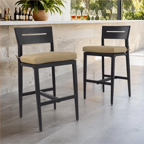 Outdoor Bar Stools, 2-Piece Modern Aluminum Weather-Resistant for Patio, Poolside, Kitchen Island | Ember Black | Linen Sesame