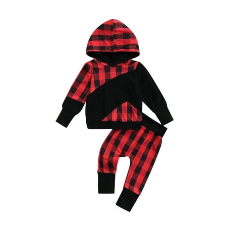 

Kiapeise Kid Boy Pants Suits Plaid Print Patchwork Hoodie + Long Pants Set
