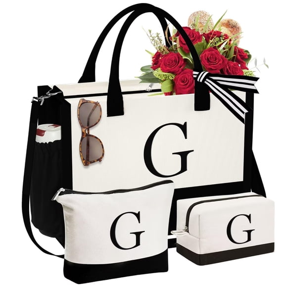 YOOLIFE Bolsa de lona con inicial y bolsa de maquillaje, regalos de cumpleaños personalizados para mujeres, mamá, hija, hermana, amigas, maestra, regalos de boda para dama de honor
