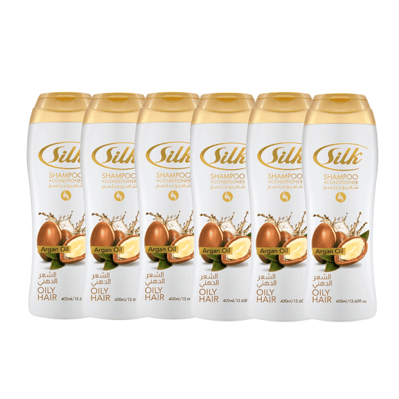 Silk Argan Oil 2 in 1 Shampoo and Conditioner for All Type Hair: Clarifying, Balancing, Volume & Shine, Deep Cleanses Greasy Scalp, Lightweight Formula, 13.6 fl oz Each, 6 Pack