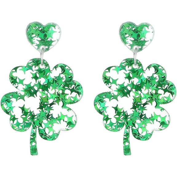 Shiny Green Clover Leaf Dangle Earrings for Women Acrylic Sequins Star Shamrock Statement Charms Drop Lightweight Earring Cute Lucky St.Patrick's Day Holiday Costume Jewelry
