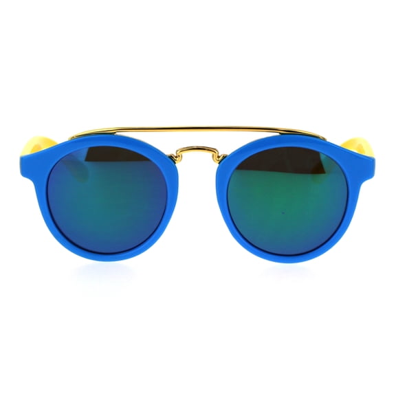 Kids Size Color Mirror Plastic Round Keyhole Horn Rim Metal Top Bridge Sunglasses Blue Teal