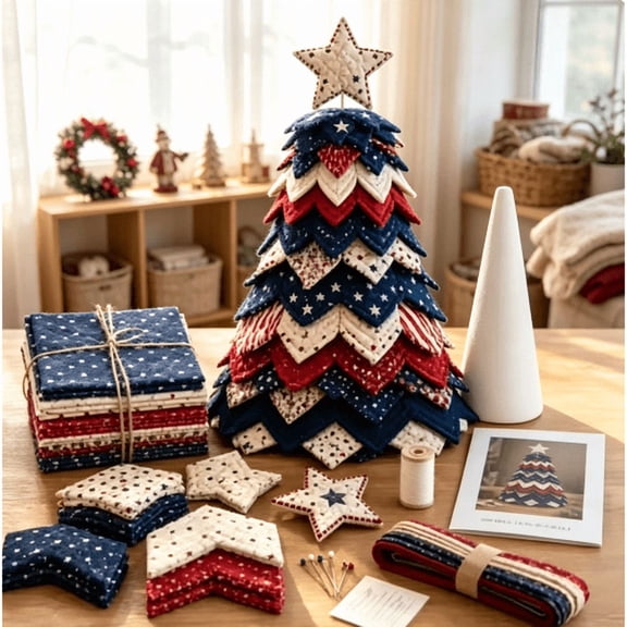 US American Christmas Tree Quilt Kit - DIY Holiday Sewing Kit for Handmade Tabletop Decor, Nostalgic Christmas Craft for Quilting Lovers