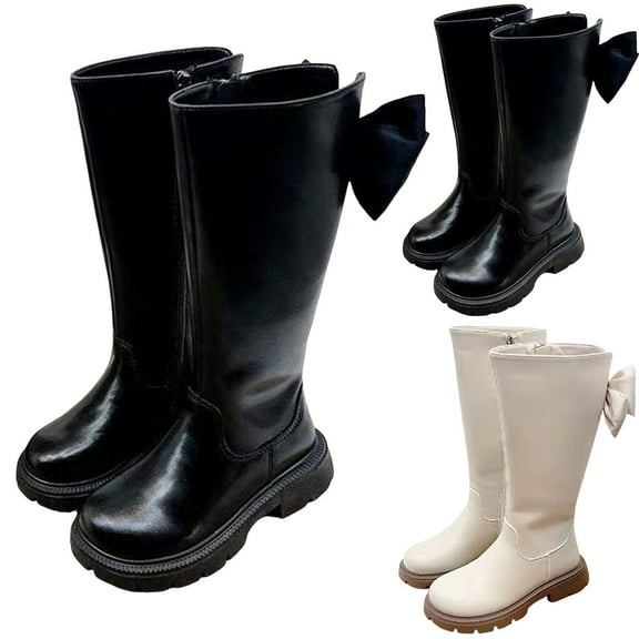 Dakaela Girls Knee High Boots Fashion Bowknot Wide Calf Tall Riding Boots Side Zipper Winter Outdoor Shoes for Toddler Little Kid Black