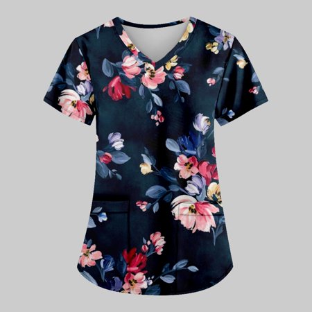

Yubatuo Women Plus Size Scrubs Top with Pockets V-Neck Short Sleeve Flower Print Work Blouse for Women Navy 2XL
