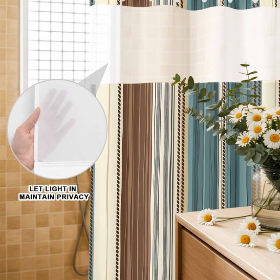 No Hook Shower Curtain with Built-in Rings - Boho Vintage Striped Washable Waterproof Fabric Bathroom Curtains for Hotel,Rentals, Stall 36 X 72 Inch , Teal Brown Beige