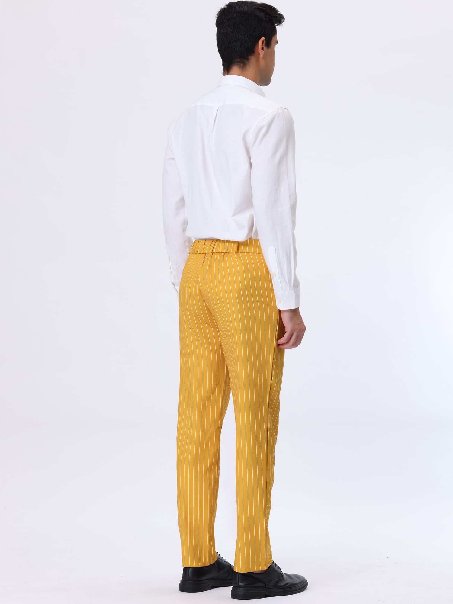 Unique Bargains Men's Striped Dress Pants Straight Fit Color Block Office Suit Trousers 30 Yellow White