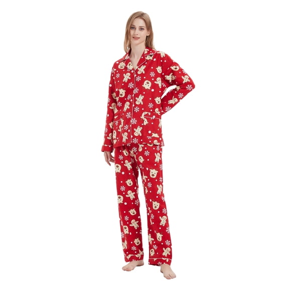 Amaxer Womens 100% Cotton Cozy Flannel Pajama Set - Long Sleeve Button-Up Top with Elastic Waist Pants, Warm & Soft Sleepwear