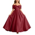 thumbnail image 2 of Girls Off Shoulder Big Bow Maxi Formal Dress A Line Satin Long Gown Kids Wedding Birthday Party Dress Wine 13--14 Years, 2 of 7