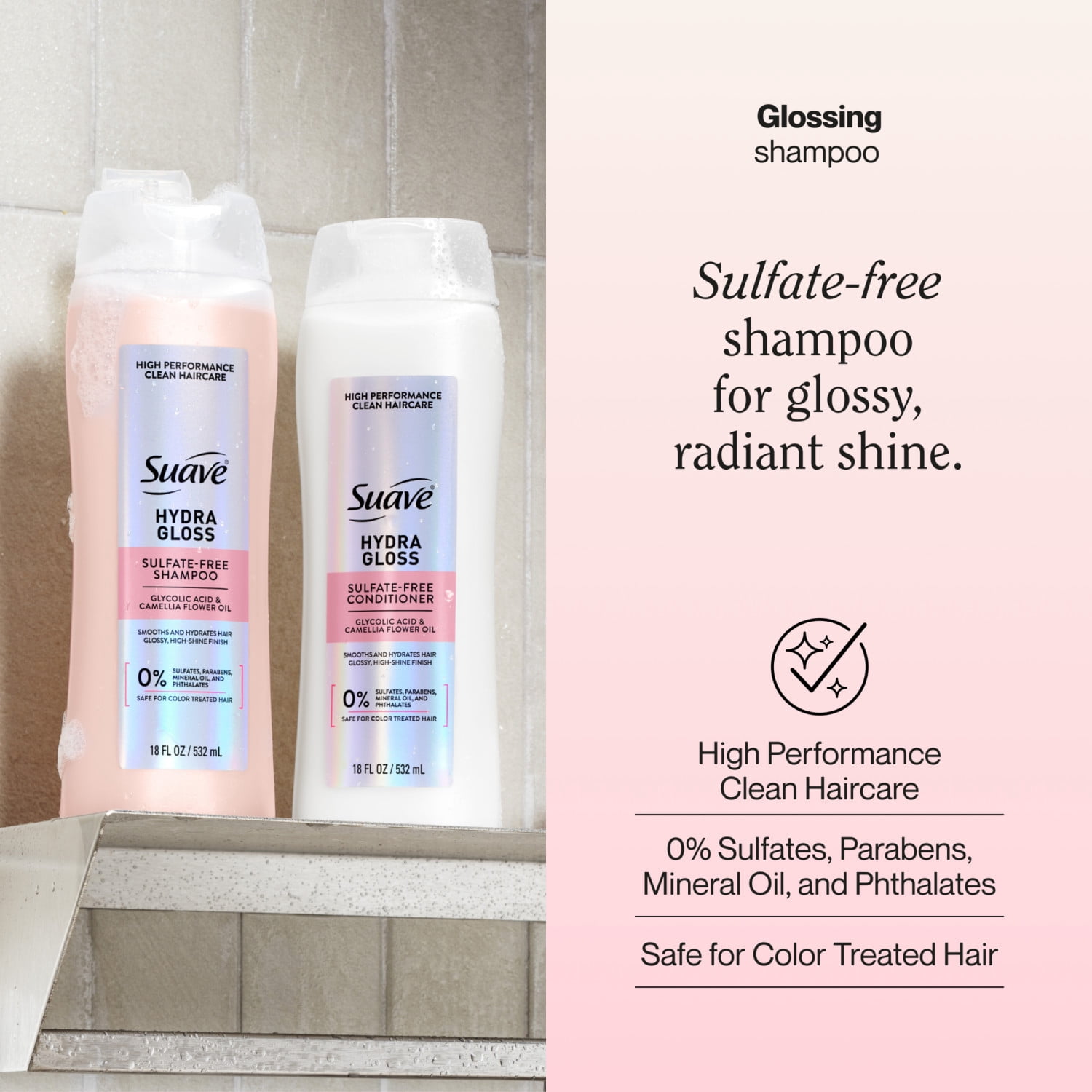 Suave Hydra Gloss Sulfate Free Shampoo with Glycolic Acid & Camellia Flower Oil, 18 fl oz