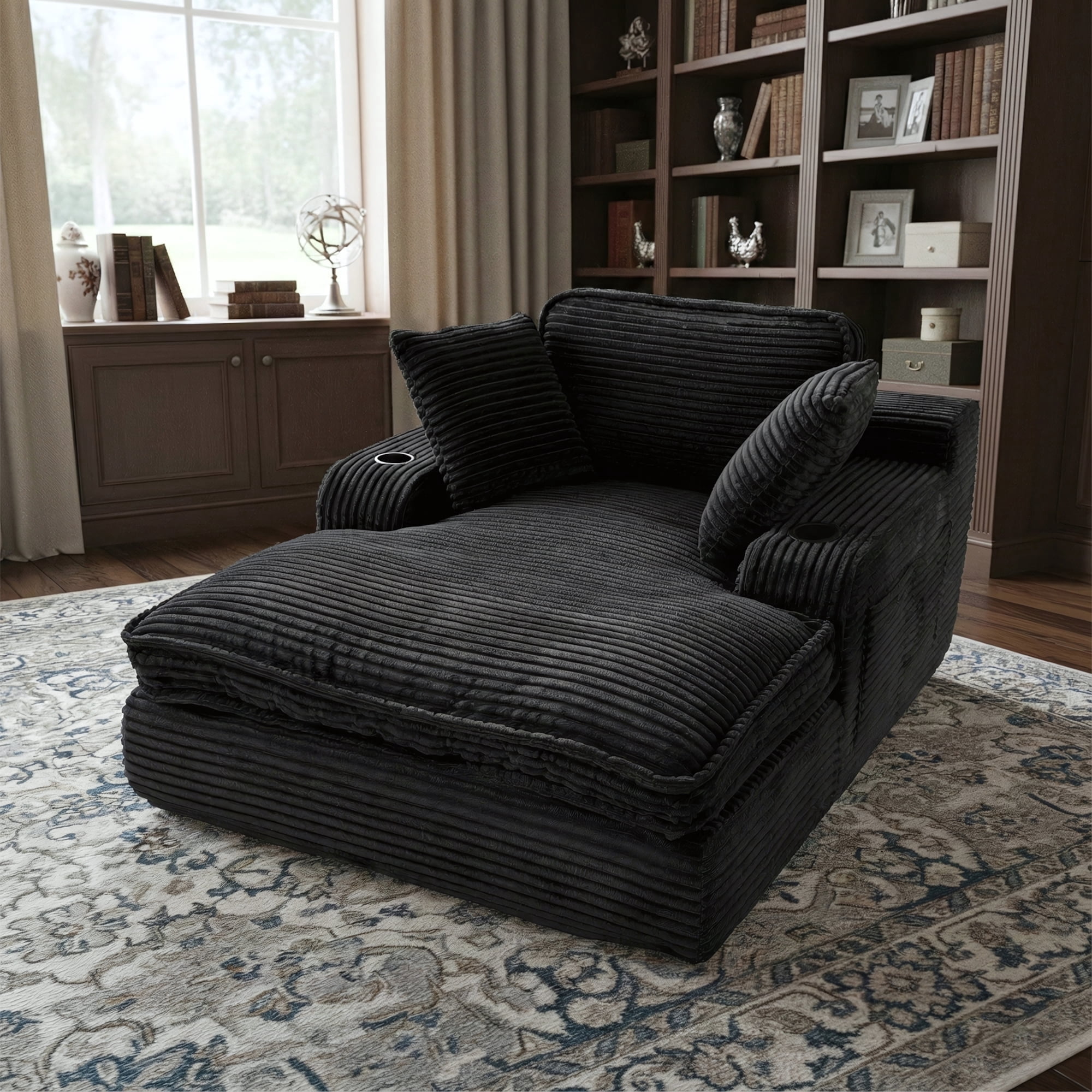 EOP 67'' Oversized Chaise Lounge Chair Indoor, Plush Boneless Cloud Couch with Side Pockets & Cup Holders, Comfy Corduroy Sleeper Couch with Removable Pillows for Living Room, Black