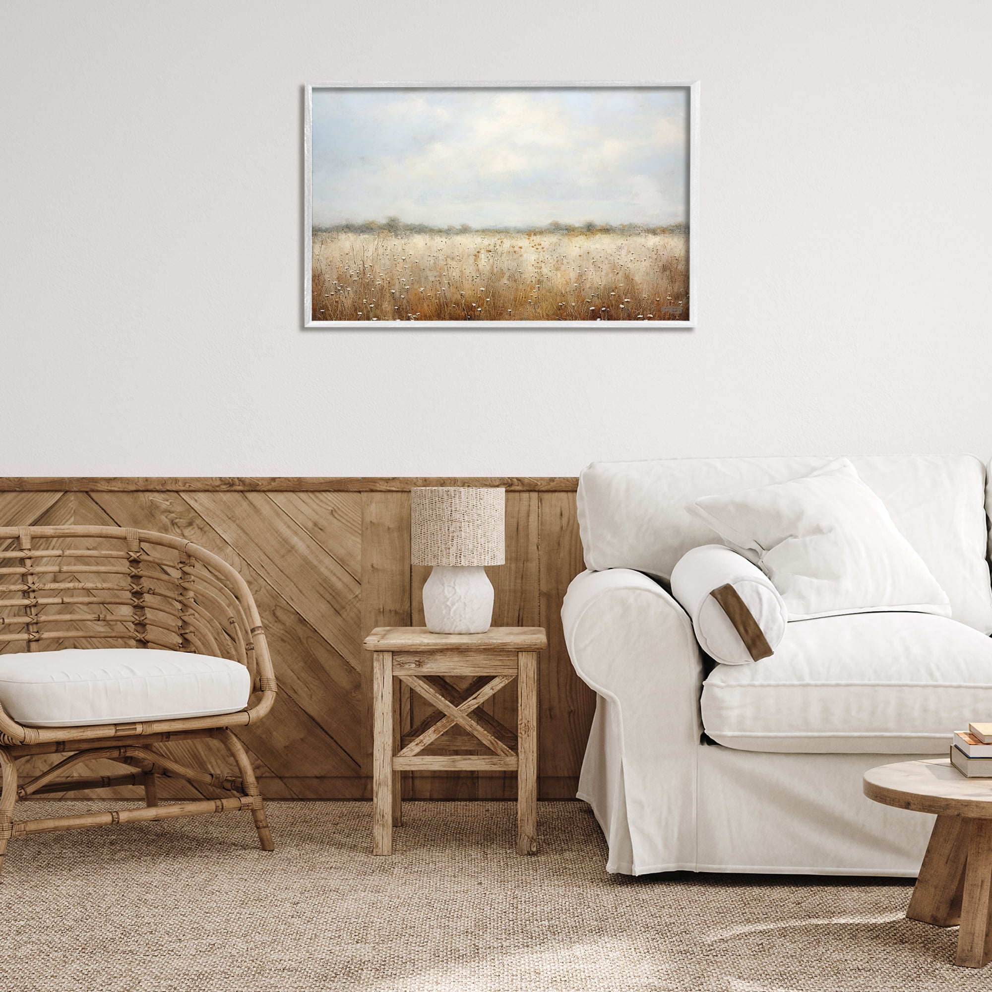 Stupell Industries Soft Daisy Field Landscape Painting White Framed Art Print Wall Art, 30 x 20